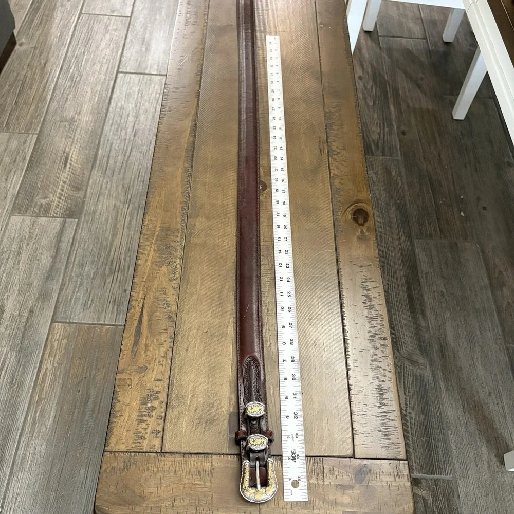 Nocona Brown Leather Western Belt 46 | Two-Tone Silver & Gold Buckle | Tooled